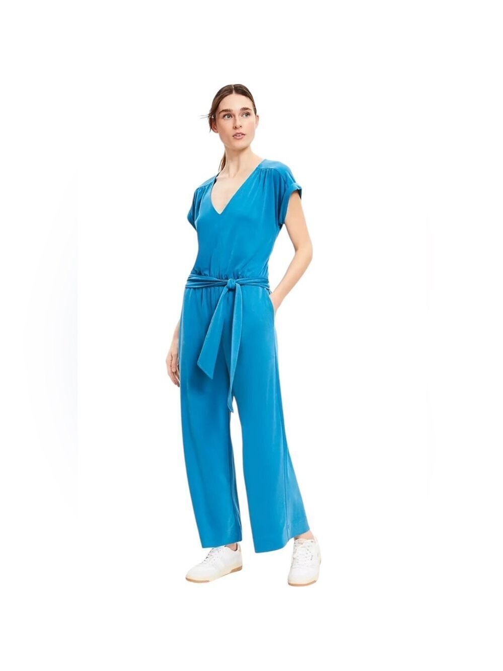 Lou & Grey Sandwashed Wide Leg Jumpsuit V Neck Tie Waist Teal Size M